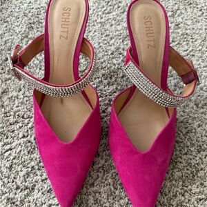 SCHUTZ Fuchsia Heels with Rhinestone Strap